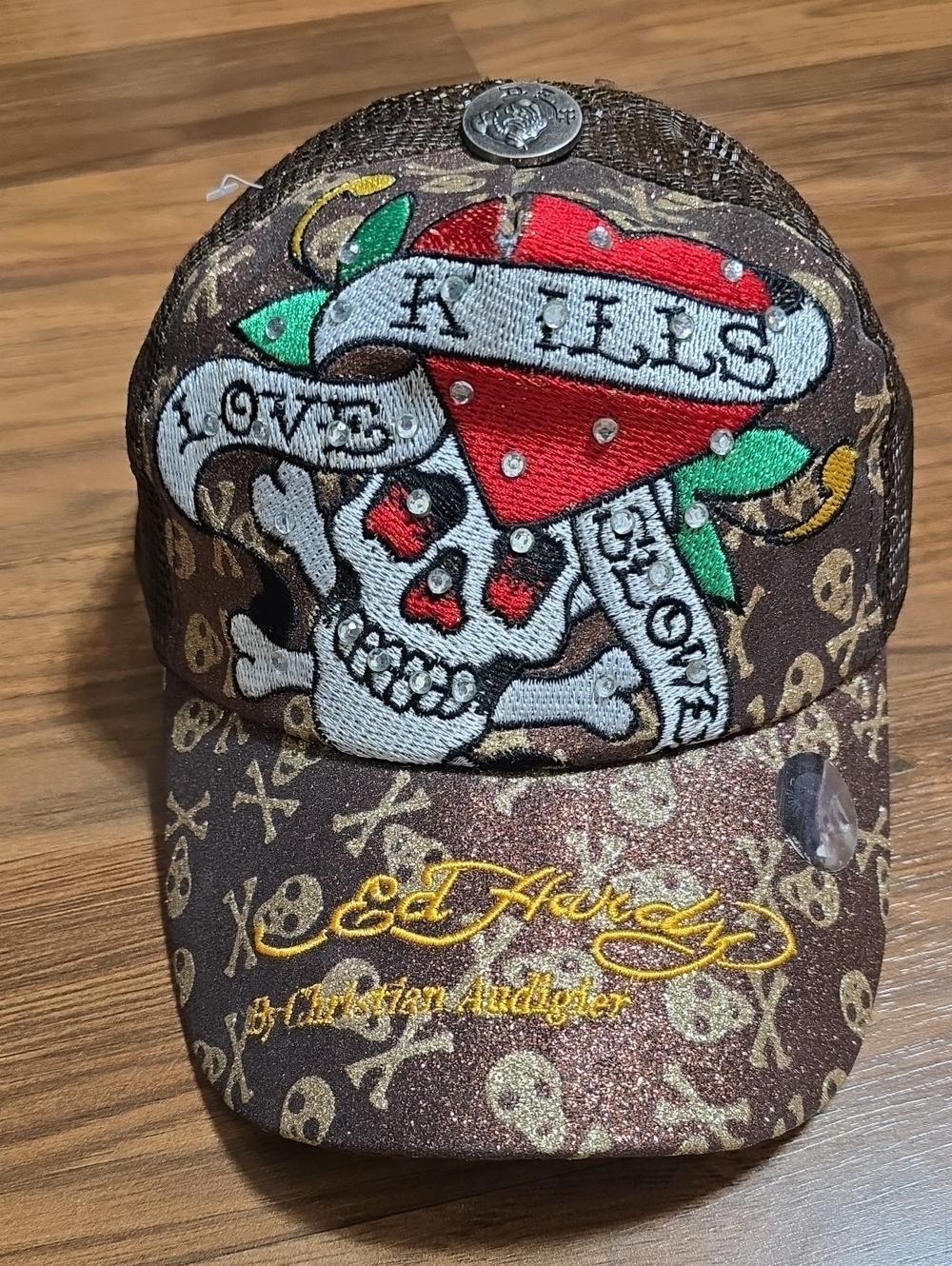 ED HARDY VINTAGE "LOVE KILLS SLOWLY" RHINESTONE TRUCKER HAT
